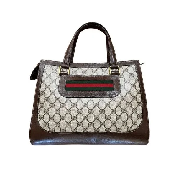 Vintage GUCCI Sherry Tote Wrist Handle Bag Purse GG Logo Brown Leather Authentic - Picture 3 of 16